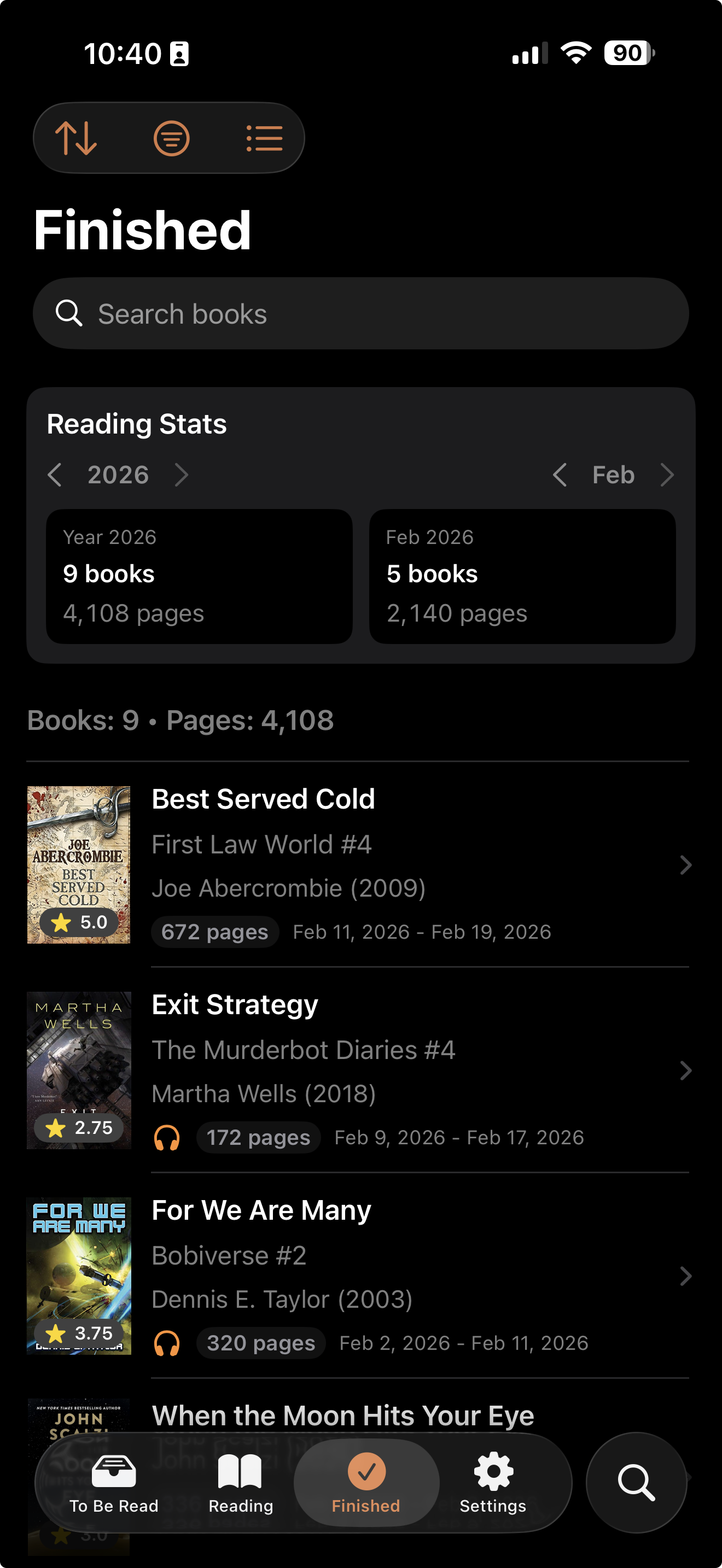 Finished books list screen